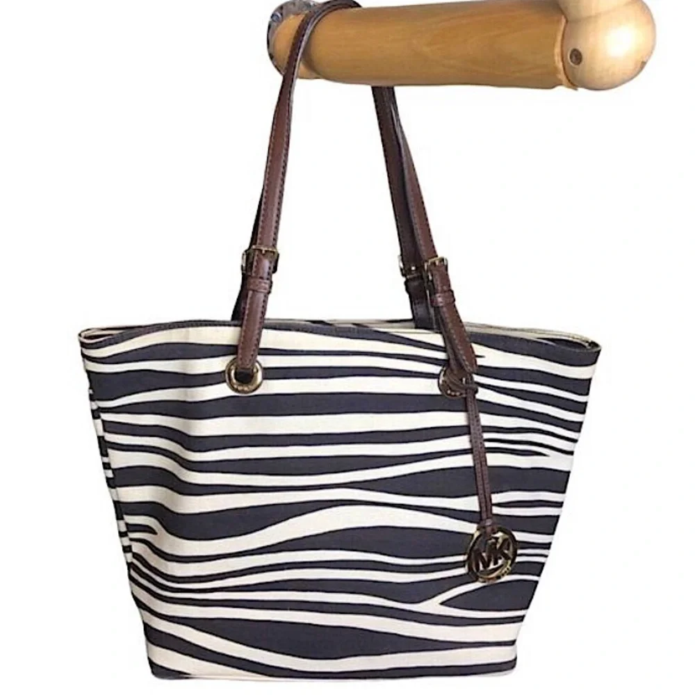 MICHAEL KORS Black Ivory Zebra Striped Shoulder Bag with Brown Leather Handles - Picture 8 of 16